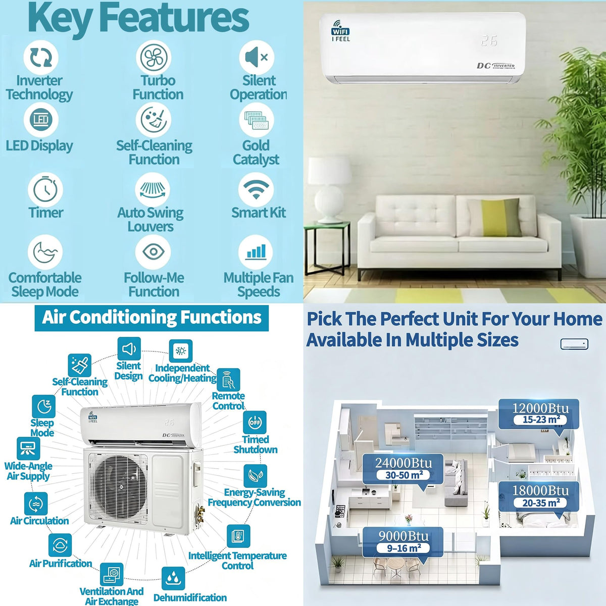 12000 BTU Split Air Conditioner with Heat Pump – Wall Mounted Mini Split AC, Wi-Fi, 3.5 kW, A++, 240V